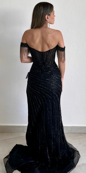 Glamorous Entrance Black Rhinestones Off Shoulder Gown