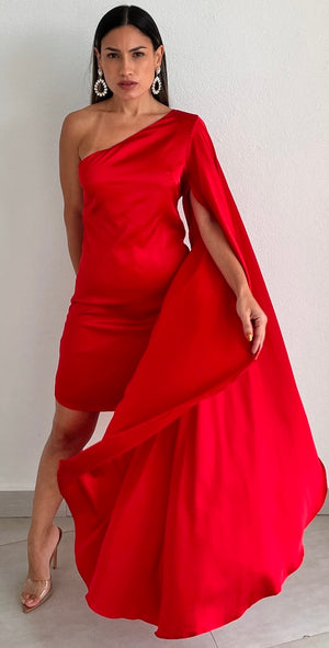 Stylish Cape One-Shoulder Red Dress