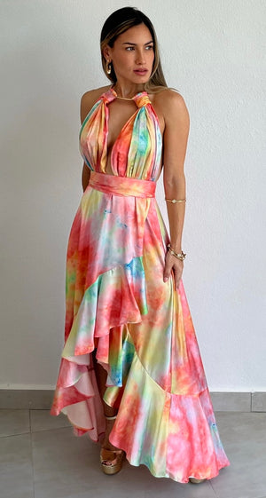 Perfect Aura Print Satin High-Low Maxi Dress