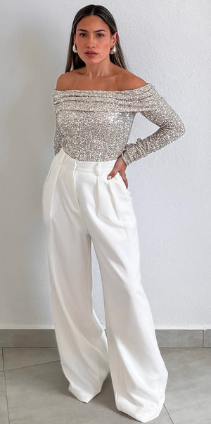 Sparkling Behavior Sequins Off-Shoulder Top