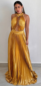 Flawless Expression Gold Pleated Long Dress