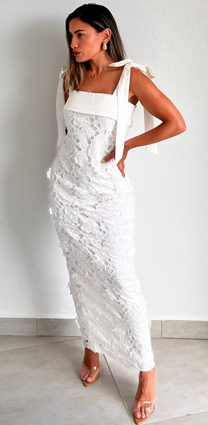 Romantic Language White Crochet Midi Dress