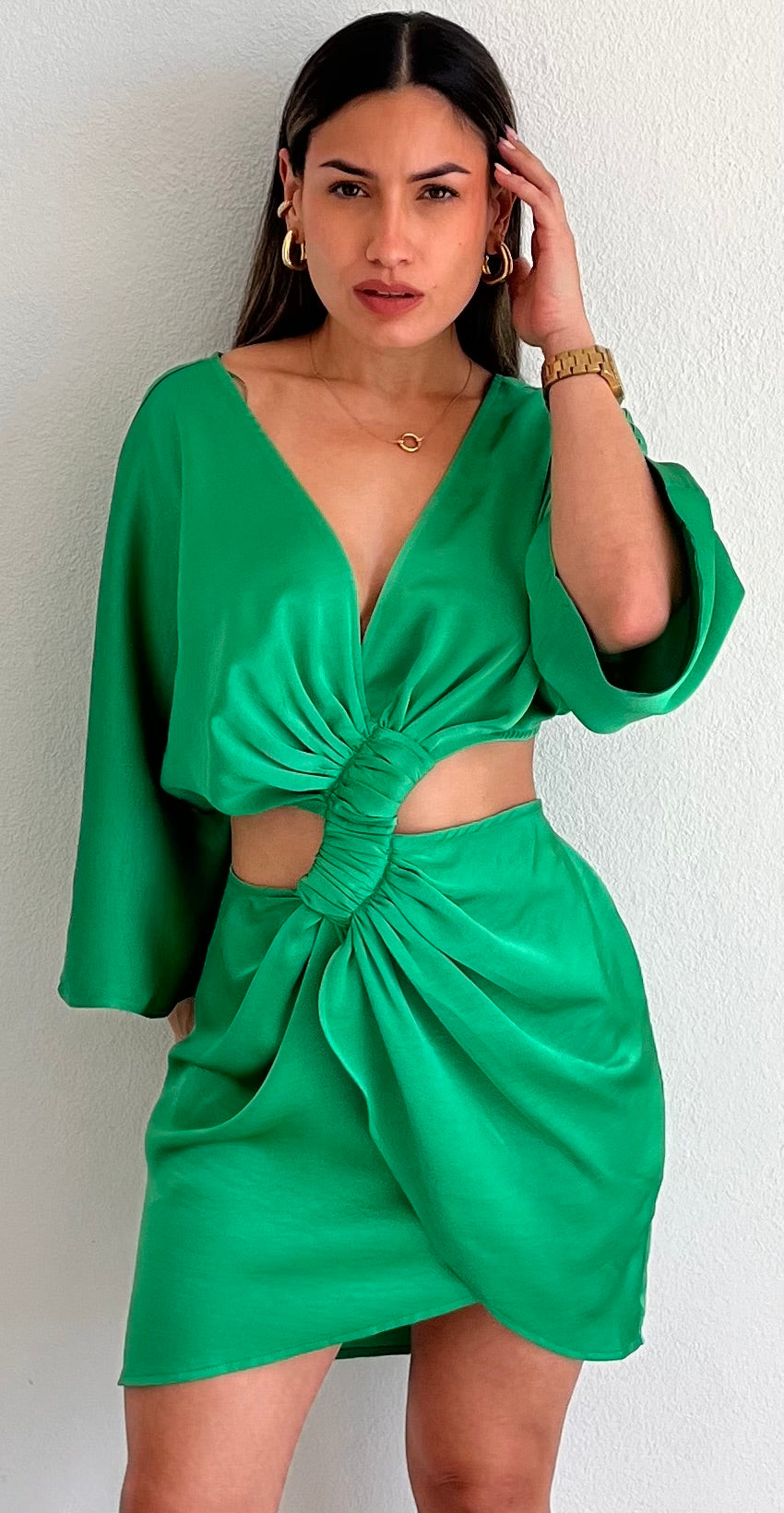 Decidedly Summery Green Satin Dress