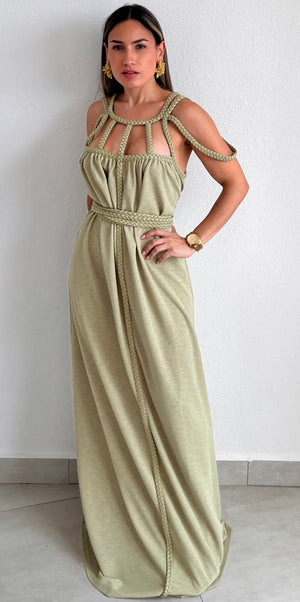 Goddess in Sage and Braids Maxi Dress