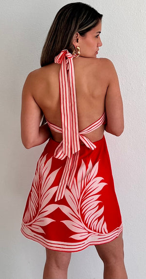 Follow the Summer in Red Tropical Print Dress