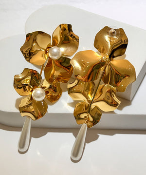 Aster Gold Flower & Pearls Statement Earrings