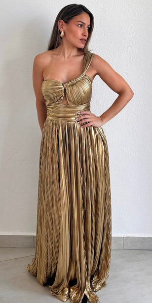 Metallic Glam Pleated Gold Maxi Dress