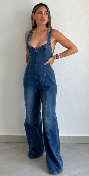 Cool Impression Denim Open Back Jumpsuit