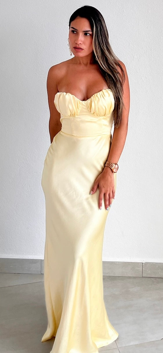 Such a Delight Lemon Satin Long Dress