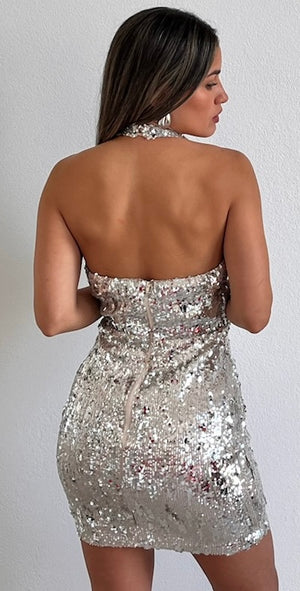 Brilliant Behavior Sequins Silver Halter Dress