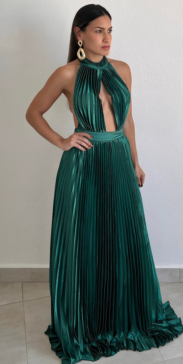 Flawless Expression Emerald Pleated Long Dress