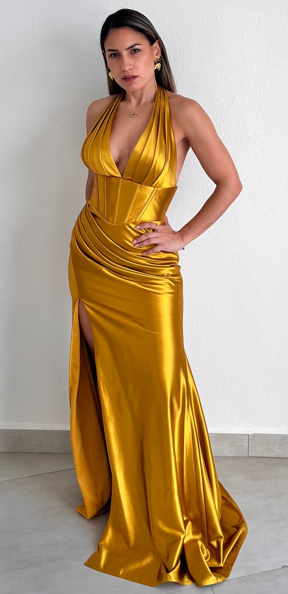Simply Enchanted Yellow Halter Satin Gown
