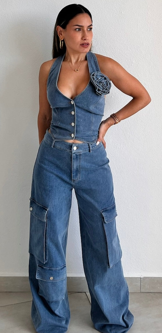 A Perfection Denim Vest Two-Piece Set