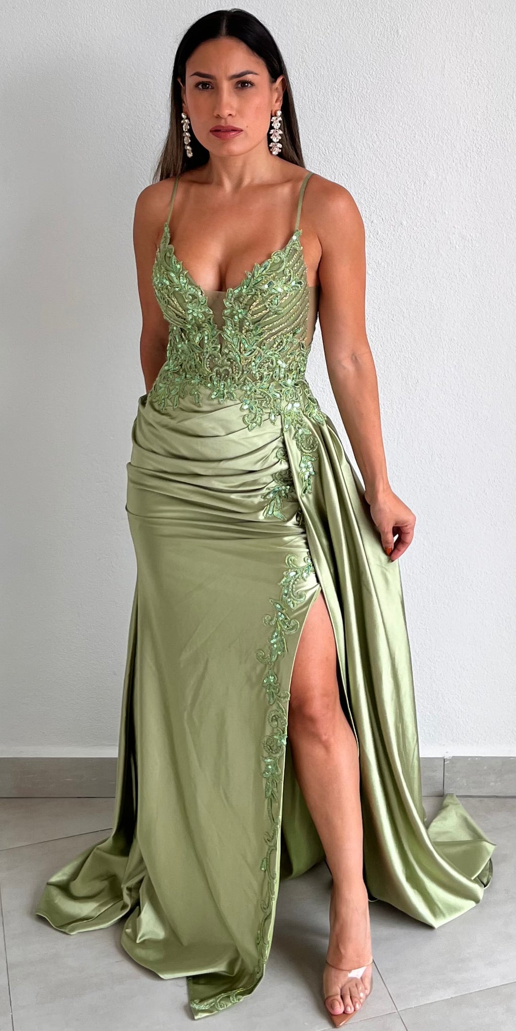 Dreaming in Green Lace Satin Formal Gown