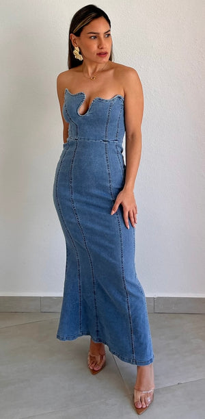 Major Impress Denim Strapless Midi Dress – Zil boutique