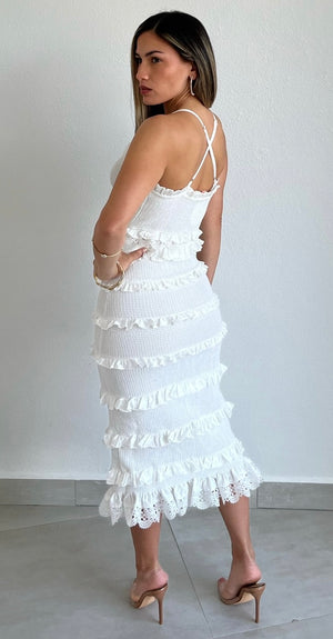 Always Eye-Catching White Ruffled Midi Dress
