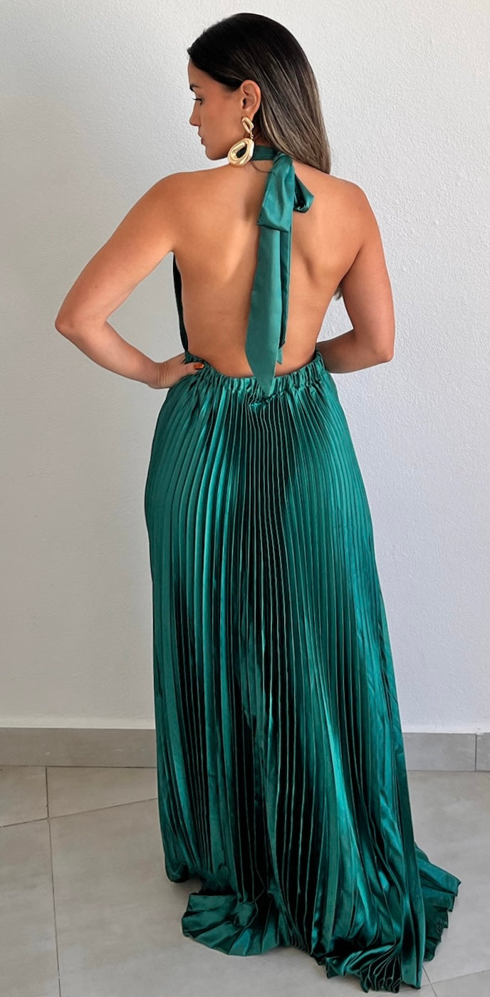 Flawless Expression Emerald Pleated Long Dress