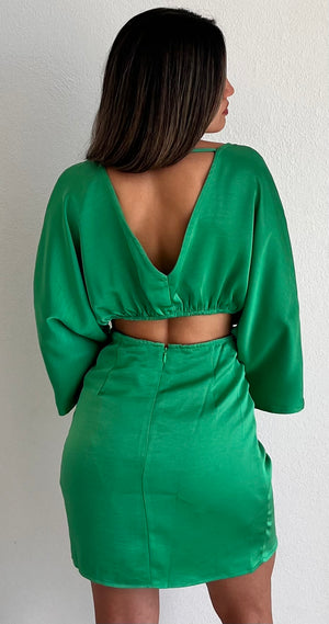 Decidedly Summery Green Satin Dress