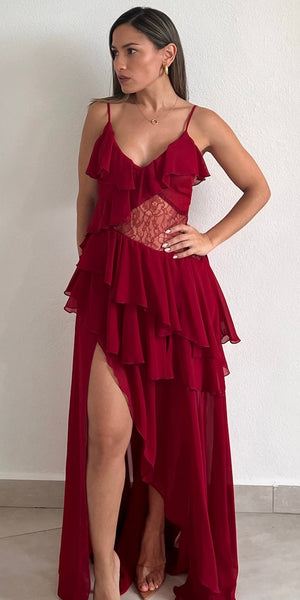 Everything I Do Wine Ruffle Maxi Dress