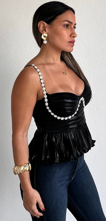 Radiant Moment Black Metallic & Pearls Top