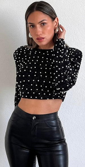 Dazzling Beauty Black Sequins & Pearls Long Sleeve Crop Top