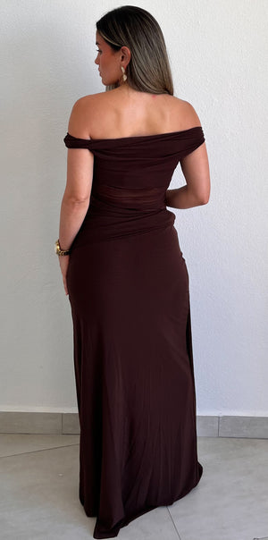 Trendsetting Design Brown Mesh Long Dress