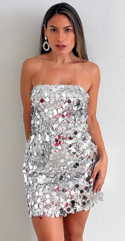 Sparkling Style Silver Sequins Mini Dress