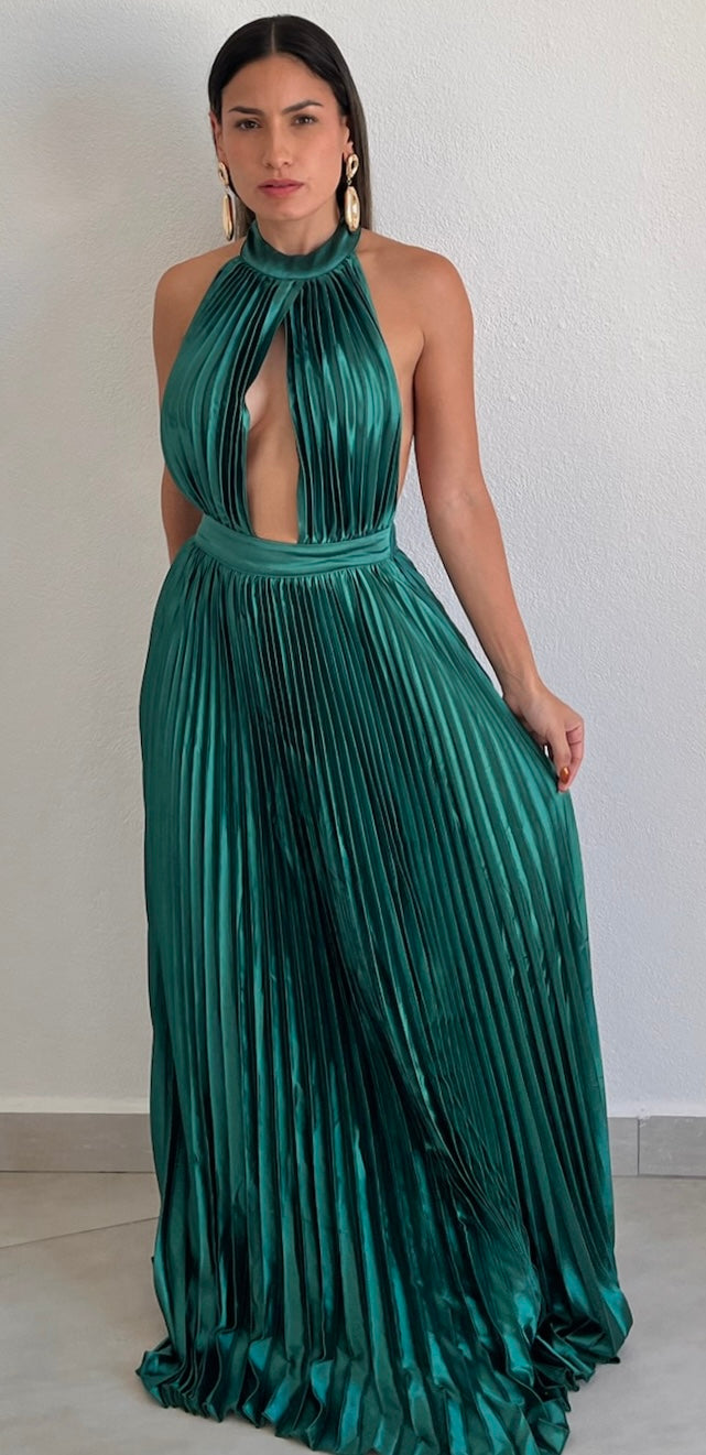 Flawless Expression Emerald Pleated Long Dress