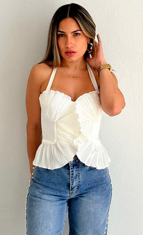 Impressive Style Pleated White Halted Top