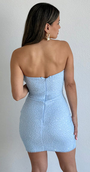 Delicate Destiny Light Blue Beads Mini Dress