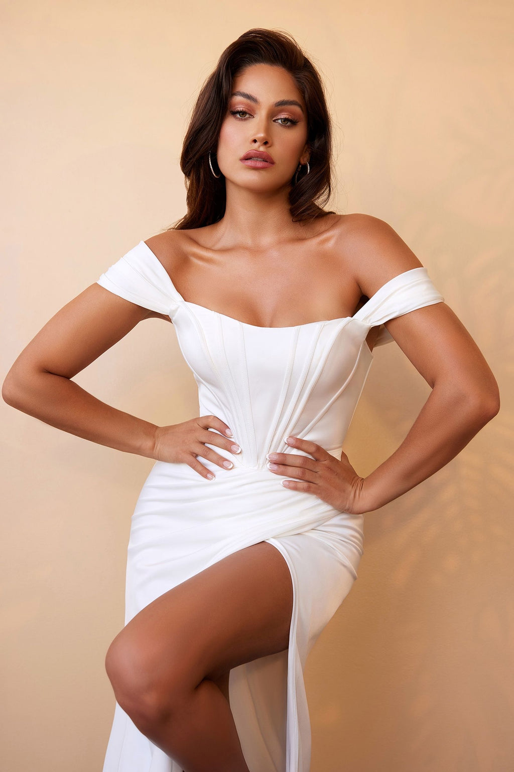 Majestic Perfection White Off-Shoulder Satin Formal Gown