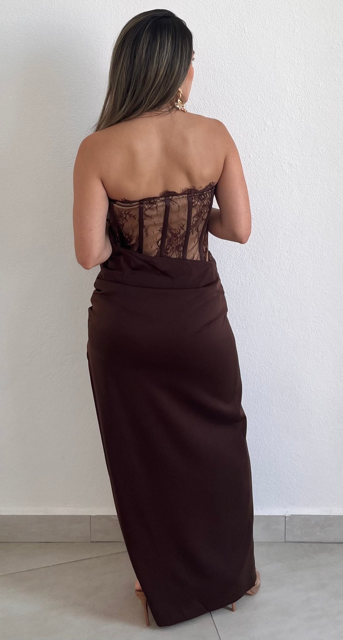 Showing Off a Little Brown Lace Maxi Dress