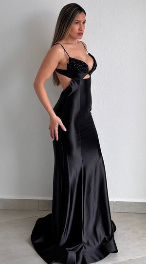 Gowning Around Black Satin Formal Gown