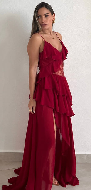 Everything I Do Wine Ruffle Maxi Dress