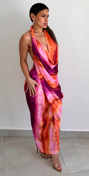 Resort Vibes Pink Print Asymmetrical Midi Dress
