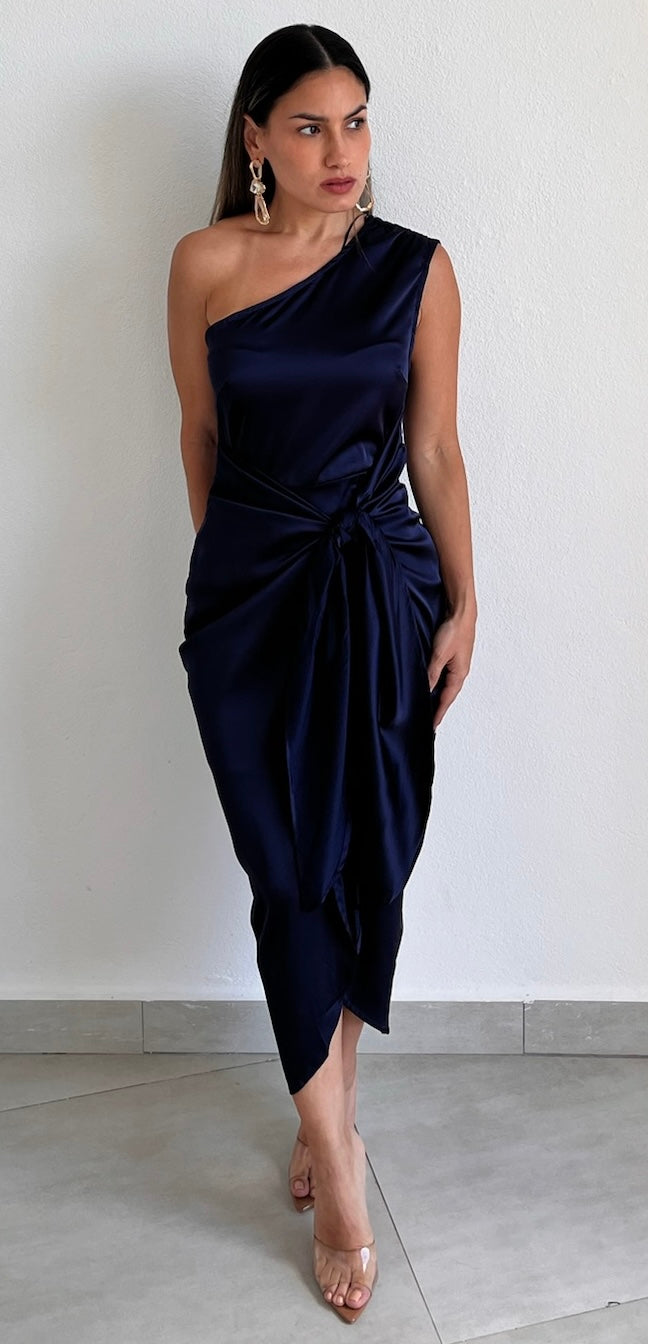 Classy Attitude One-Shoulder Navy Satin Midi Dress