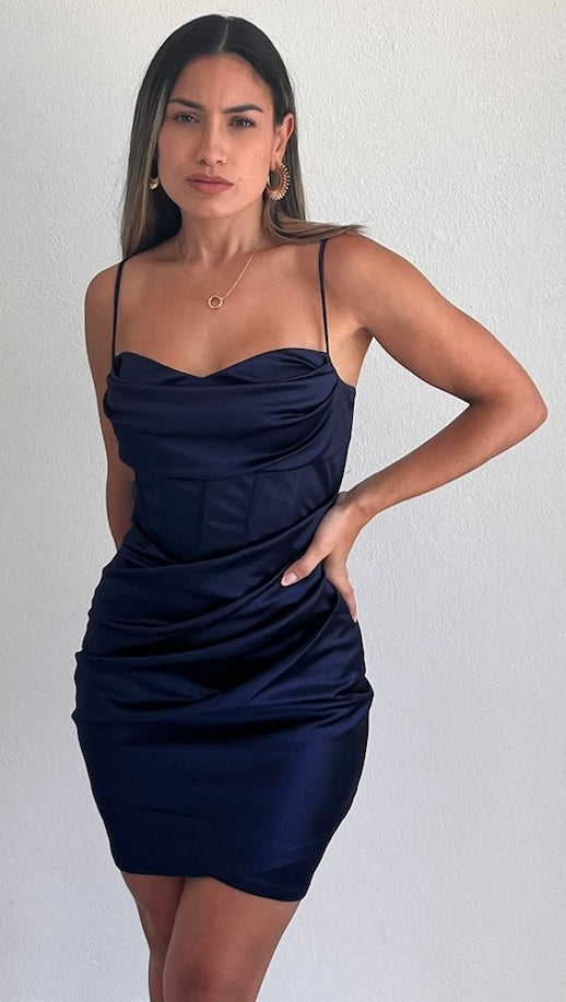 Sleek Essence Navy Satin Corset Bodycon Dress