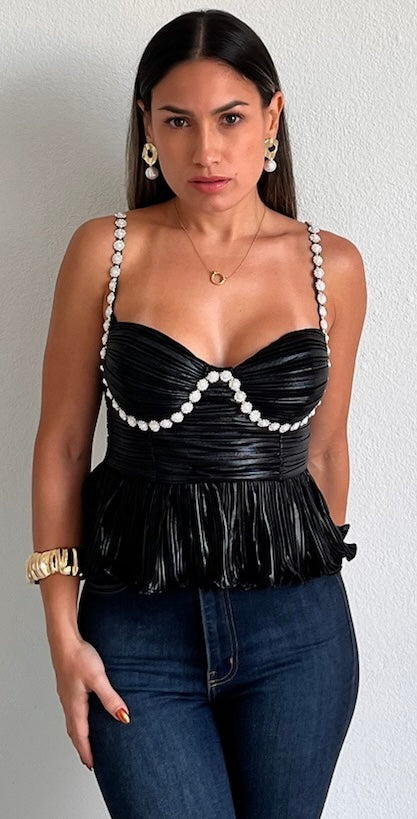 Radiant Moment Black Metallic & Pearls Top