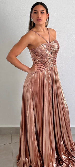 Metallic Angel Rose Gold Pleated Formal Gown