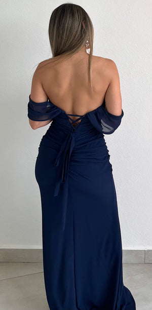 Special Moment Off-Shoulder Navy Formal Gown