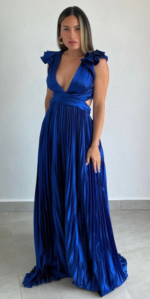 Devoted to Beauty Royal Blue Ruffle & Plated Maxi Dress