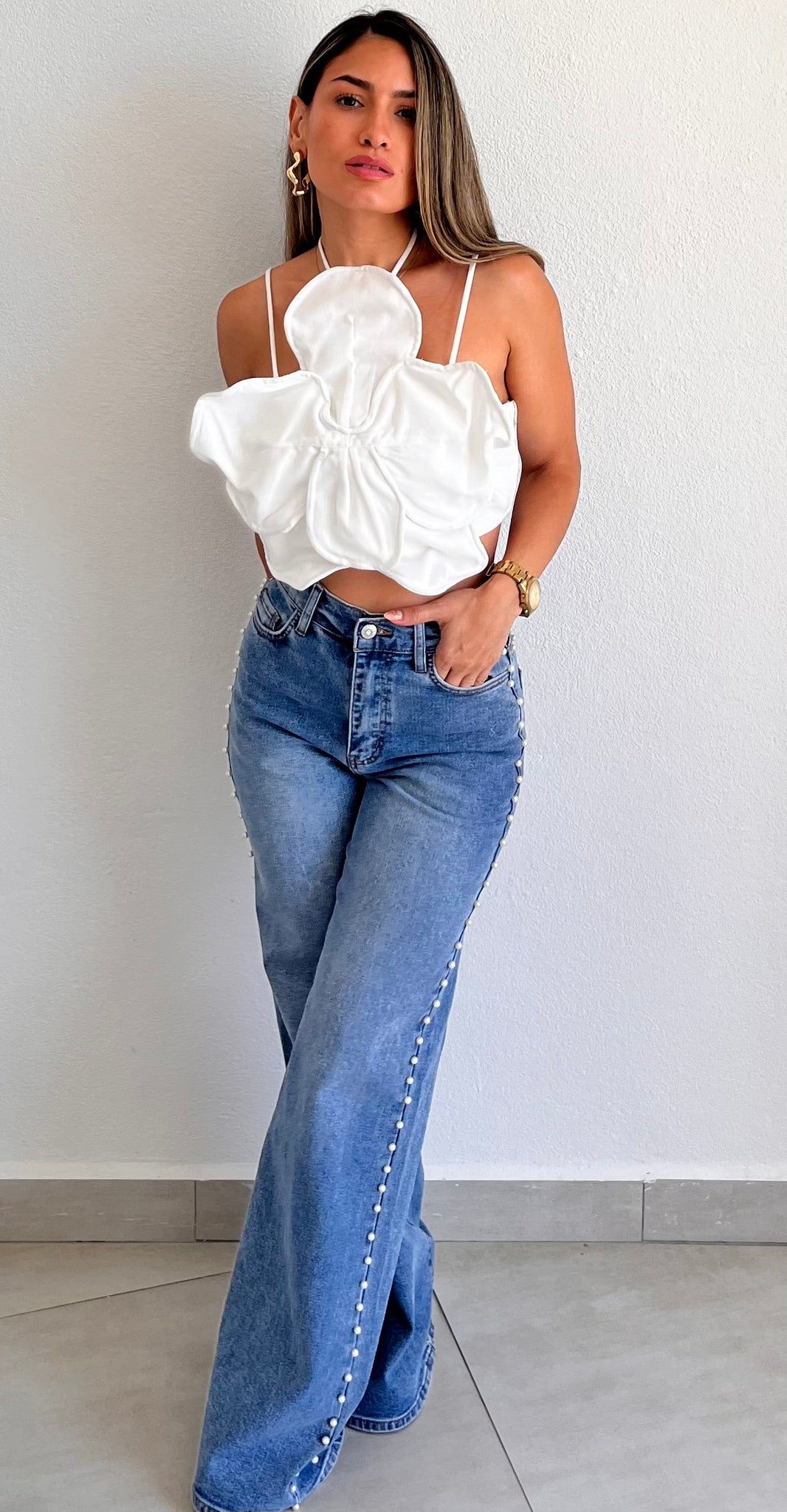 Tropical Orchid Look White Crop Top