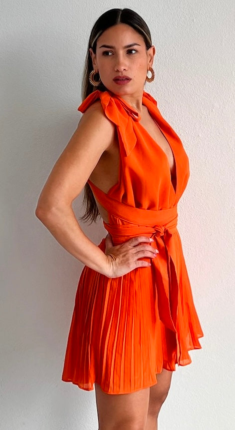 Social Calendar Orange Pleated Romper