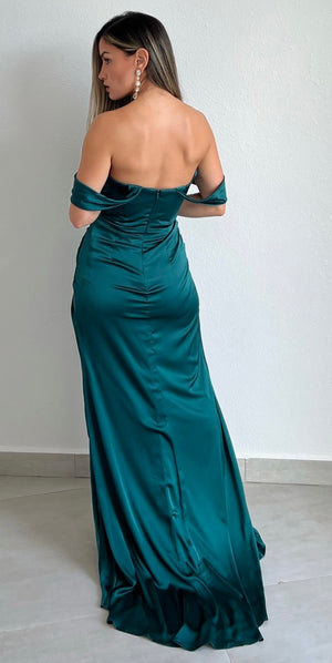 I’m Enchanted Emerald Off-Shoulder Satin Formal Gown