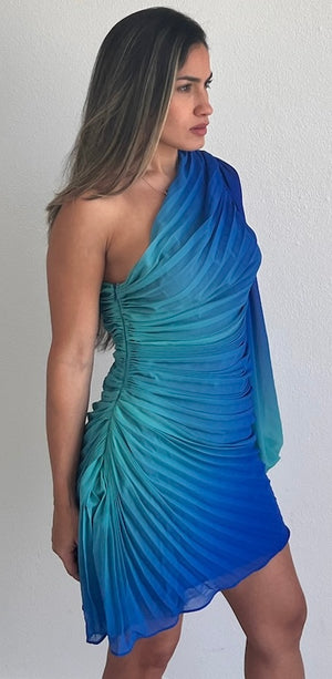 blue ombre one shoulder dress Azure Ombre One Shoulder Sash Maxi Dress