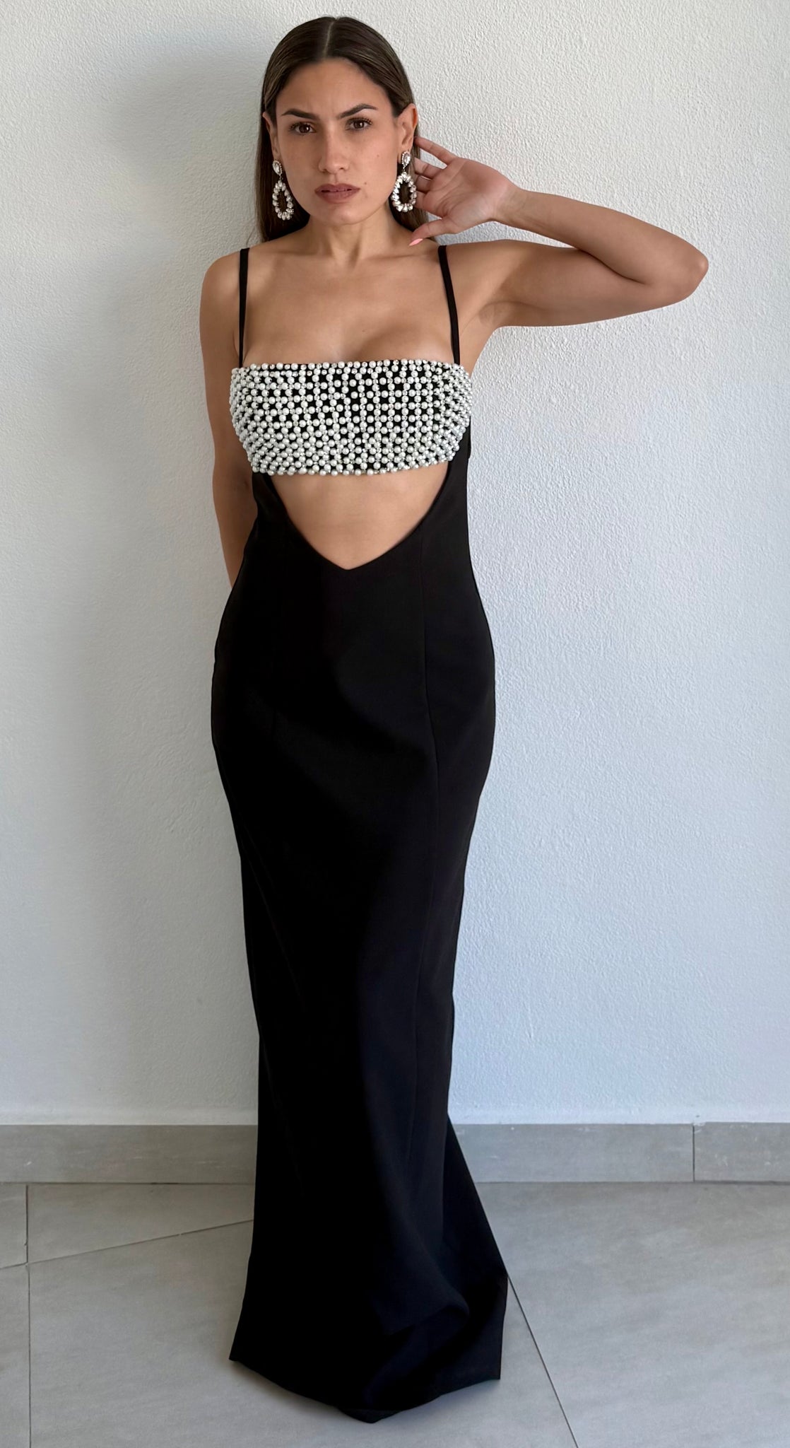 Flirty Luxury Black Pearls Maxi Dress