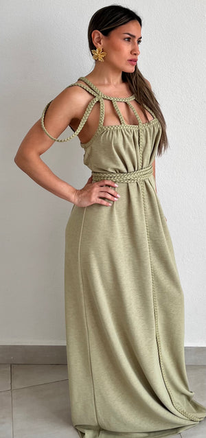 Goddess in Sage and Braids Maxi Dress