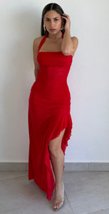 Impressive Fit & Ruffled Red Mesh Midi Dress