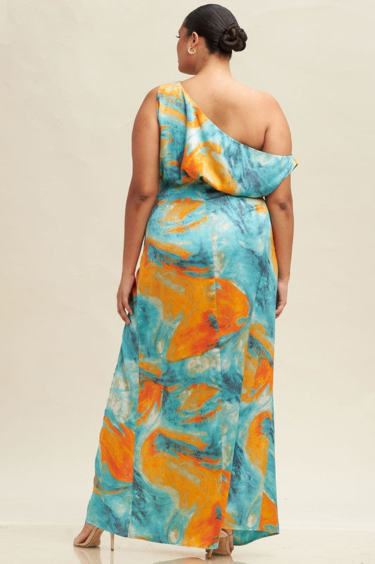 Radiant Mood Blue Print Satin Long Dress