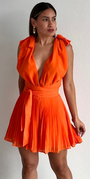 Social Calendar Orange Pleated Romper